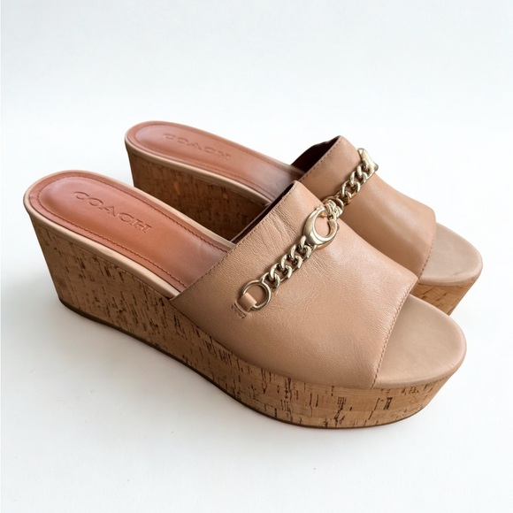 COACH Wendie Leather Cork Wedge Slide Sandals - Beechwood - 11B - Picture 4 of 5
